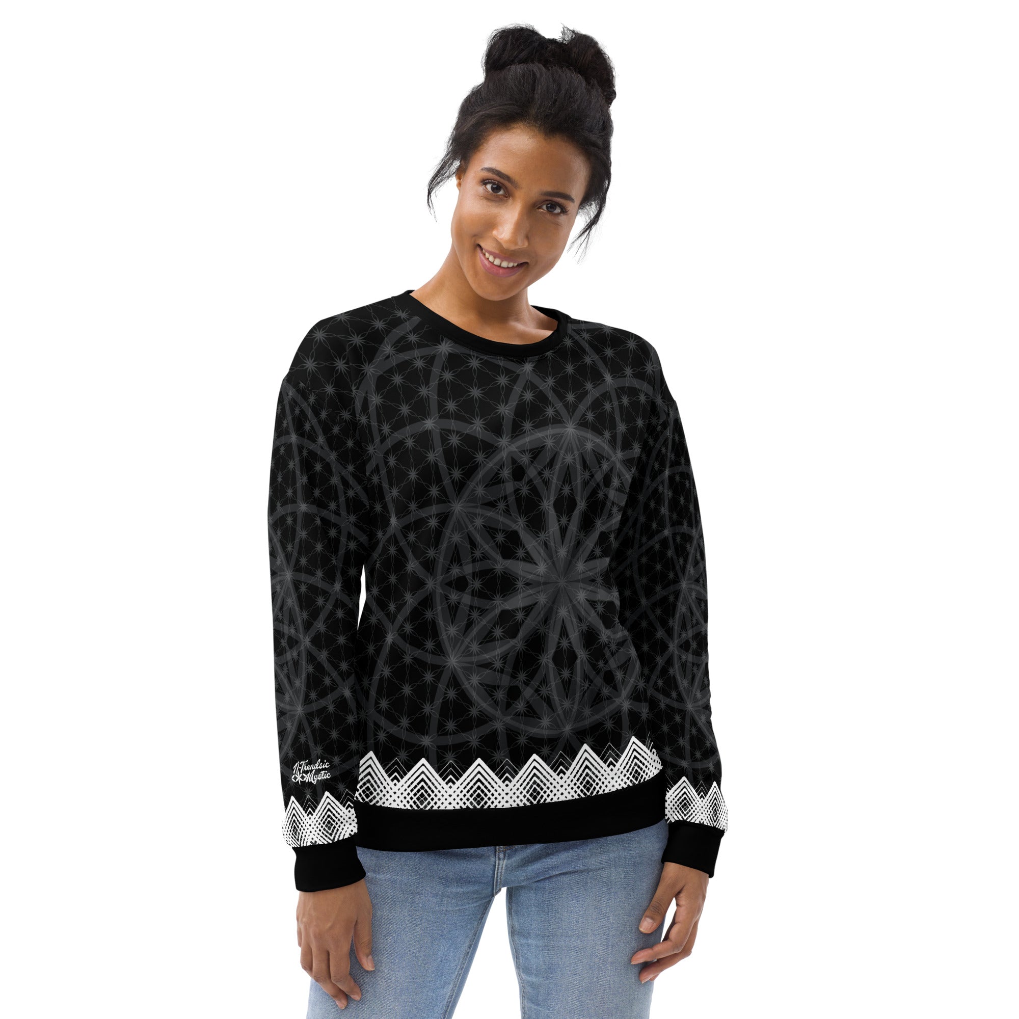 Unisex sweatshirt featuring all-over black-and-white Flower of Life pattern with white geometric border and NTrendSic Mystic logo.