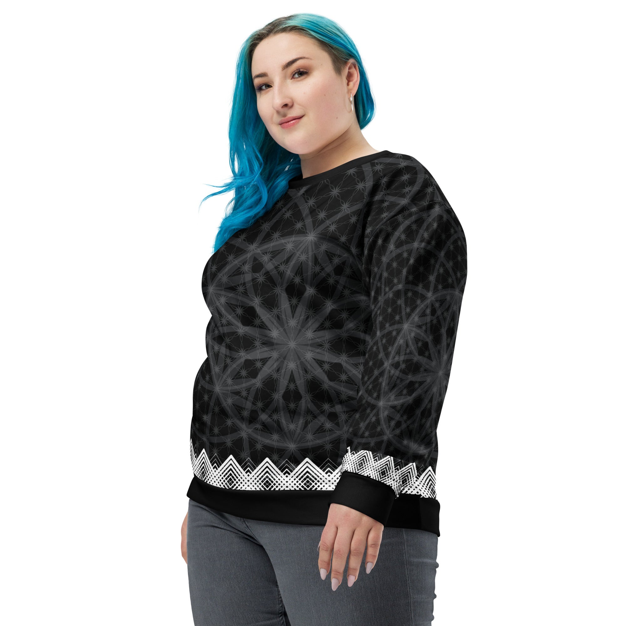 Unisex sweatshirt featuring all-over black-and-white Flower of Life pattern with white geometric border and NTrendSic Mystic logo.