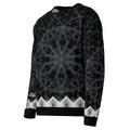 Unisex sweatshirt featuring all-over black-and-white Flower of Life pattern with white geometric border and NTrendSic Mystic logo.