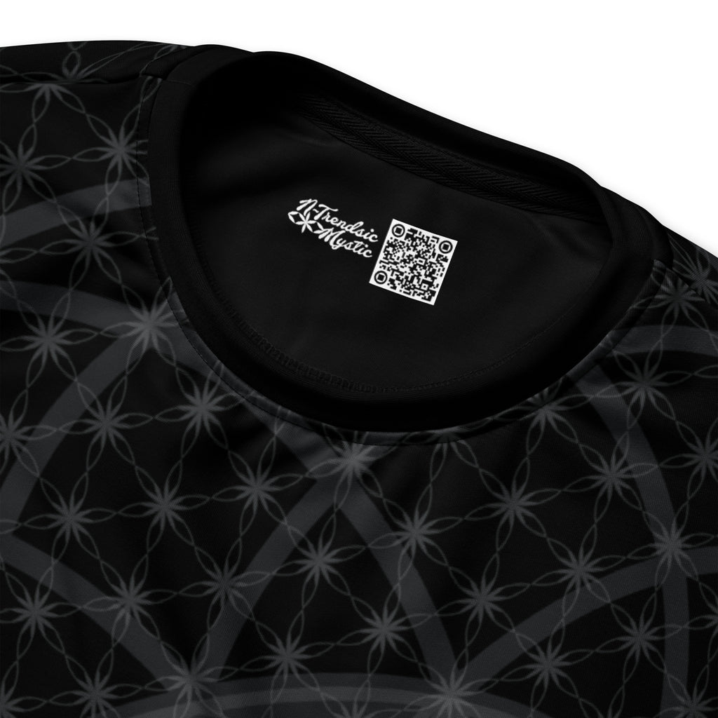 Unisex sweatshirt featuring all-over black-and-white Flower of Life pattern with white geometric border and NTrendSic Mystic logo.