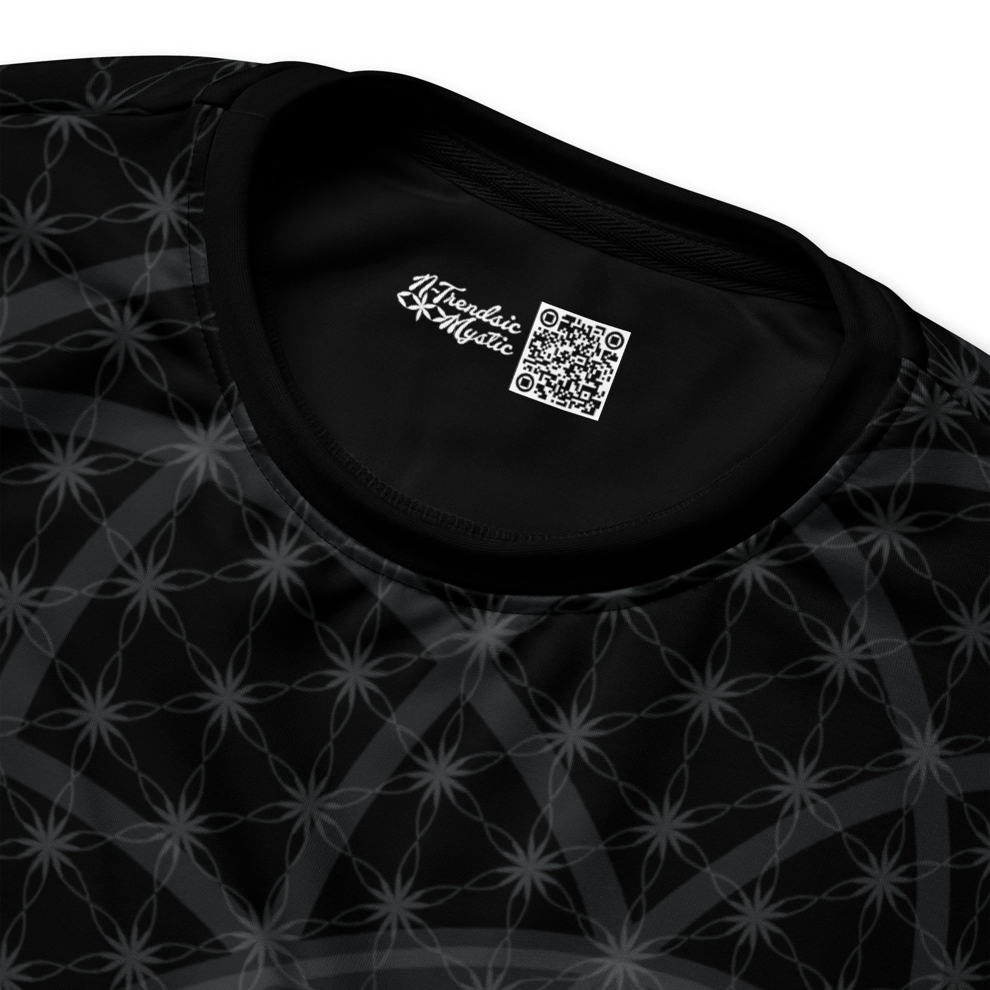 Unisex sweatshirt featuring all-over black-and-white Flower of Life pattern with white geometric border and NTrendSic Mystic logo.