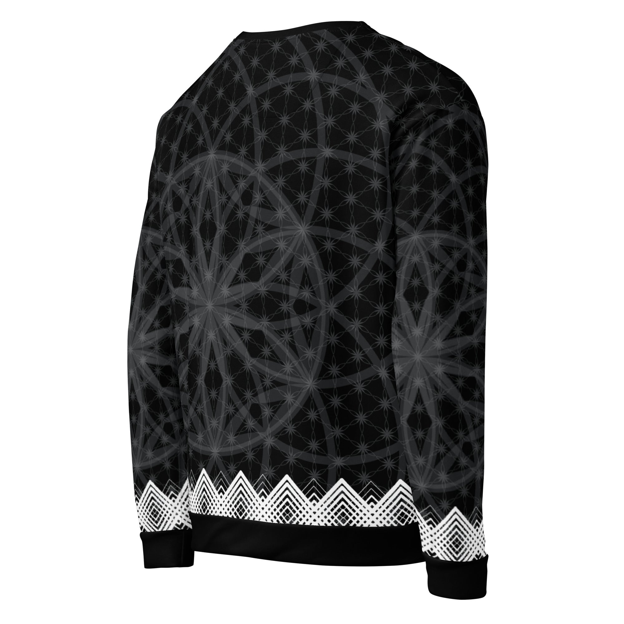 Unisex sweatshirt featuring all-over black-and-white Flower of Life pattern with white geometric border and NTrendSic Mystic logo.