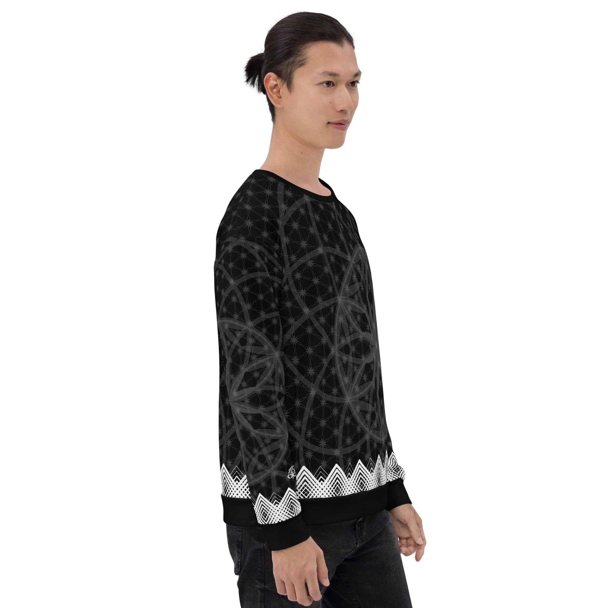 Unisex sweatshirt featuring all-over black-and-white Flower of Life pattern with white geometric border and NTrendSic Mystic logo.