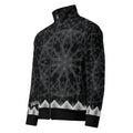 Black unisex track jacket with layered sacred geometry starburst, Flower of Life pattern, and white chevron border.