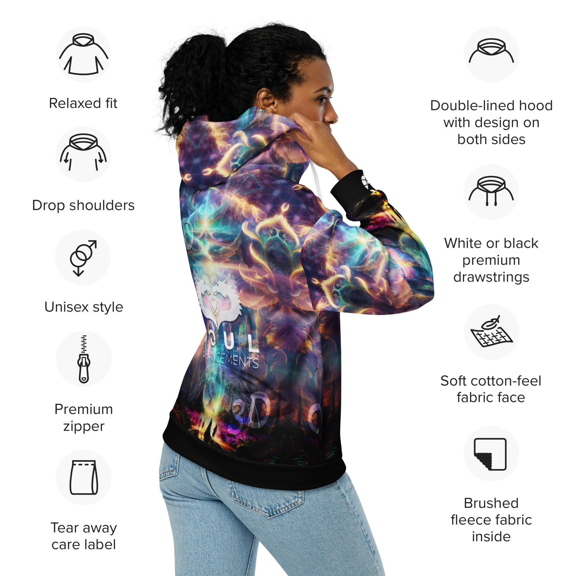 Soul Enhancements 3D/5D unisex zip hoodie featuring vibrant visionary art, Flower of Life hood lining, and collaborative logo branding.