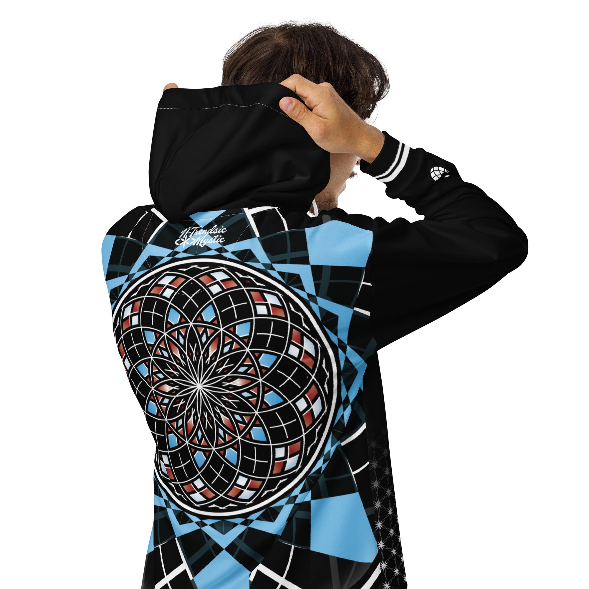 Quantum Bloom unisex zip hoodie — black, blue, and crimson sacred geometry mandala with Flower of Life hood lining