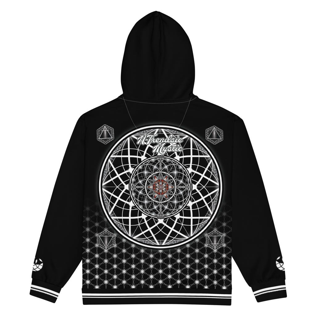Mystic One unisex zip hoodie with black and white sacred geometry, Flower of Life grid, and intricate mandala centerpiece mockup