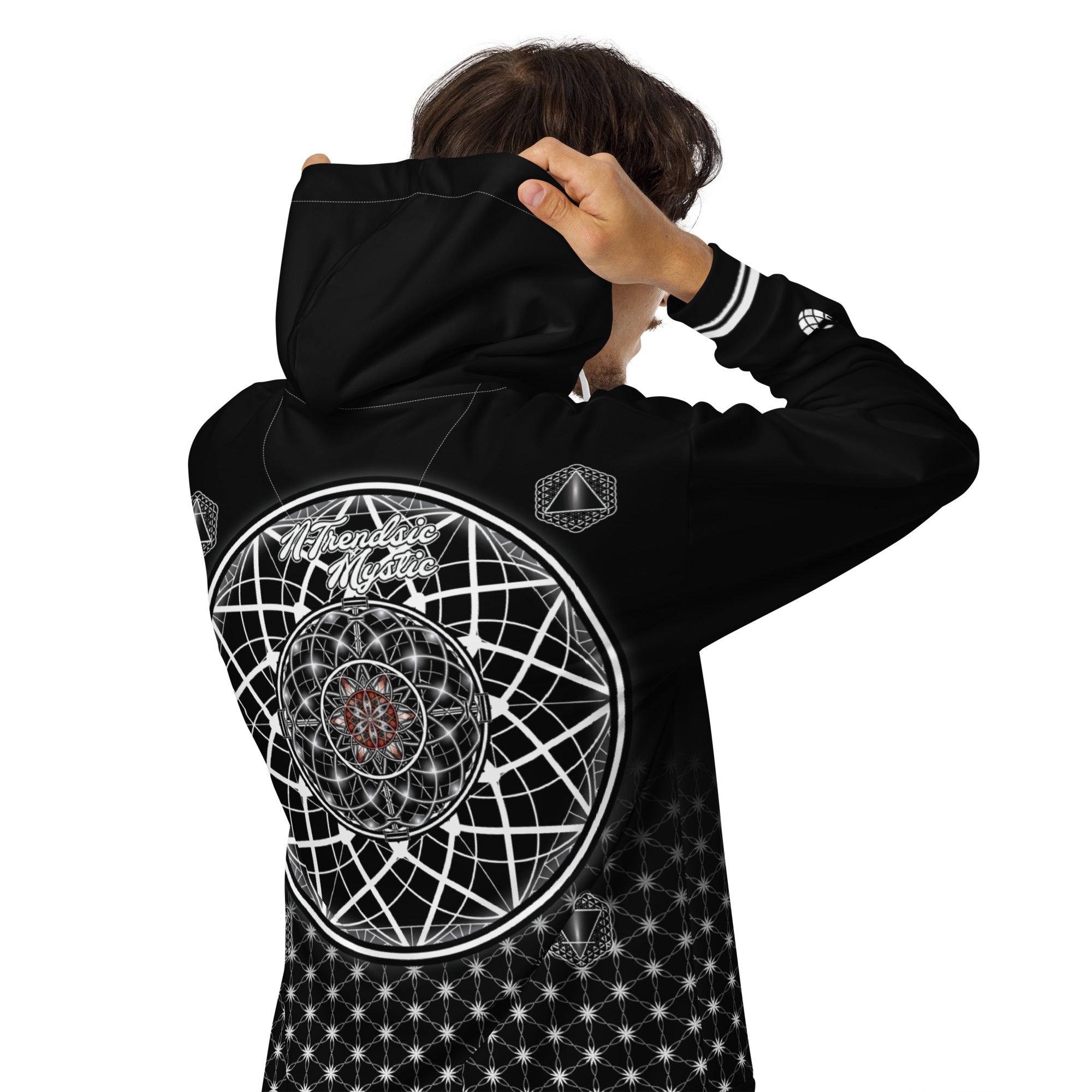 Mystic One unisex zip hoodie with black and white sacred geometry, Flower of Life grid, and intricate mandala centerpiece