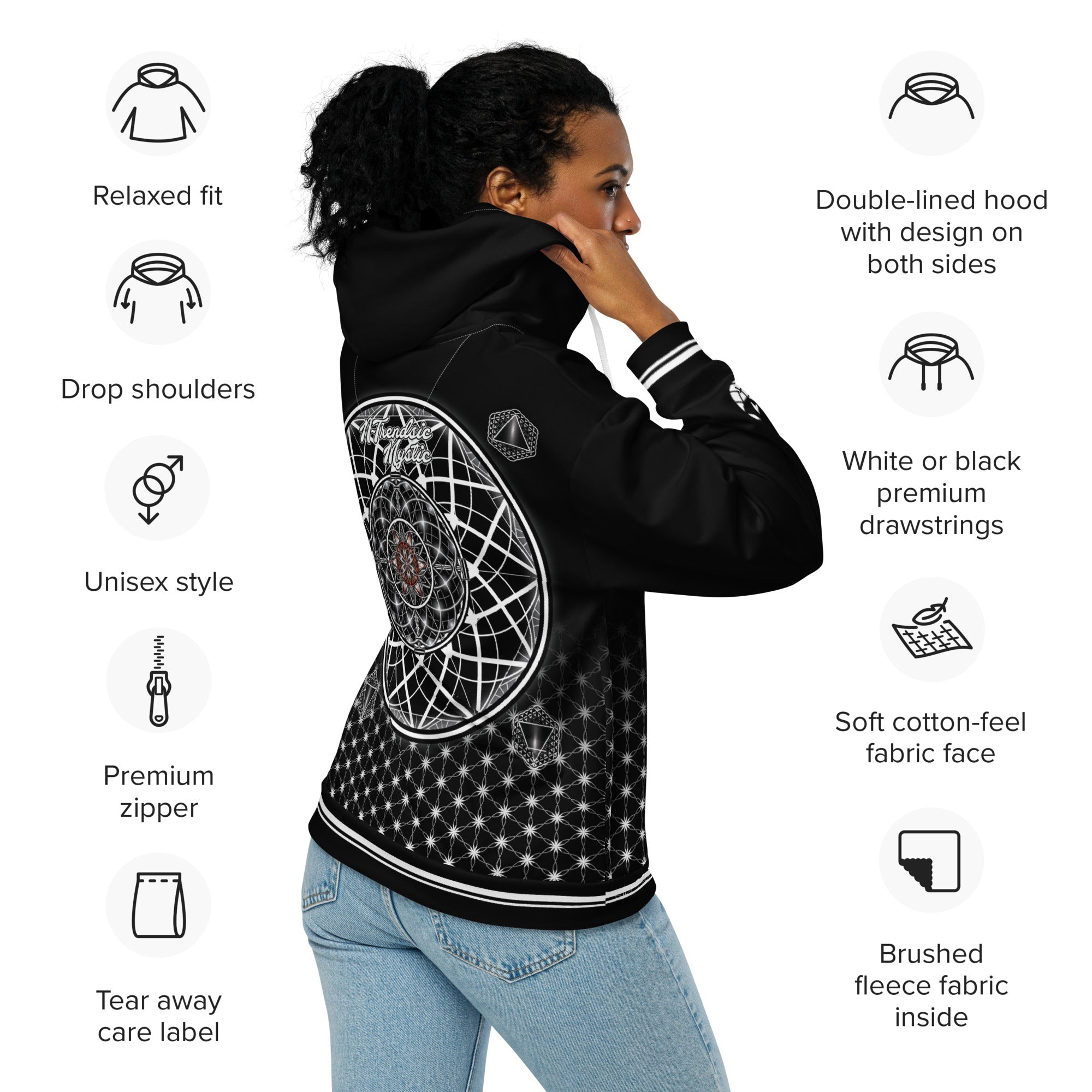 Mystic One unisex zip hoodie with black and white sacred geometry, Flower of Life grid, and intricate mandala centerpiece