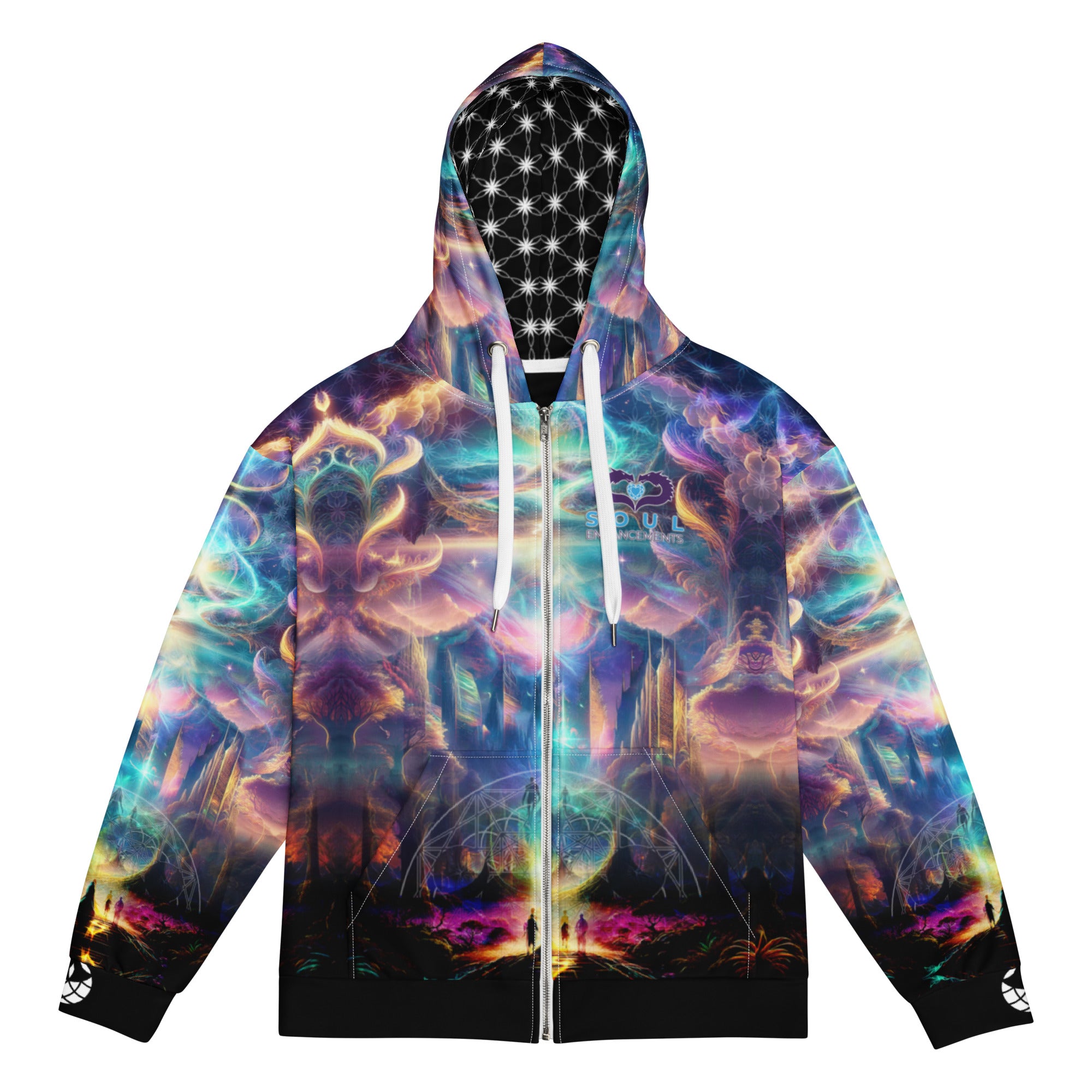 Soul Enhancements 3D/5D unisex zip hoodie featuring vibrant visionary art, Flower of Life hood lining, and collaborative logo branding.