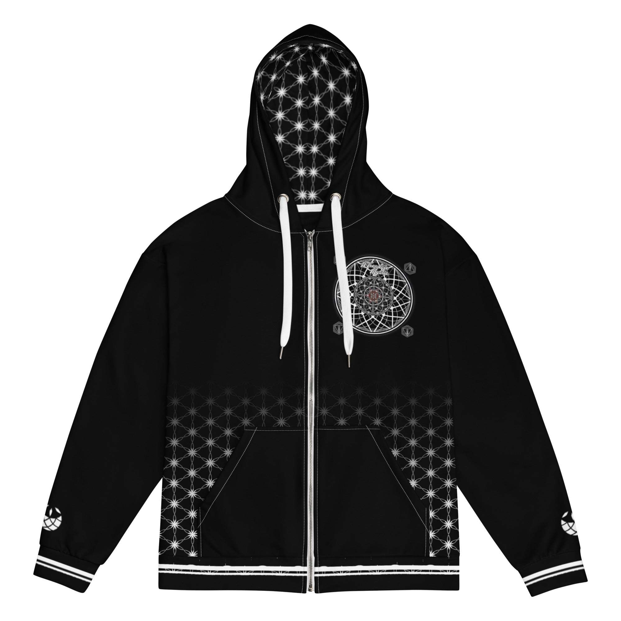 Mystic One unisex zip hoodie with black and white sacred geometry, Flower of Life grid, and intricate mandala centerpiece