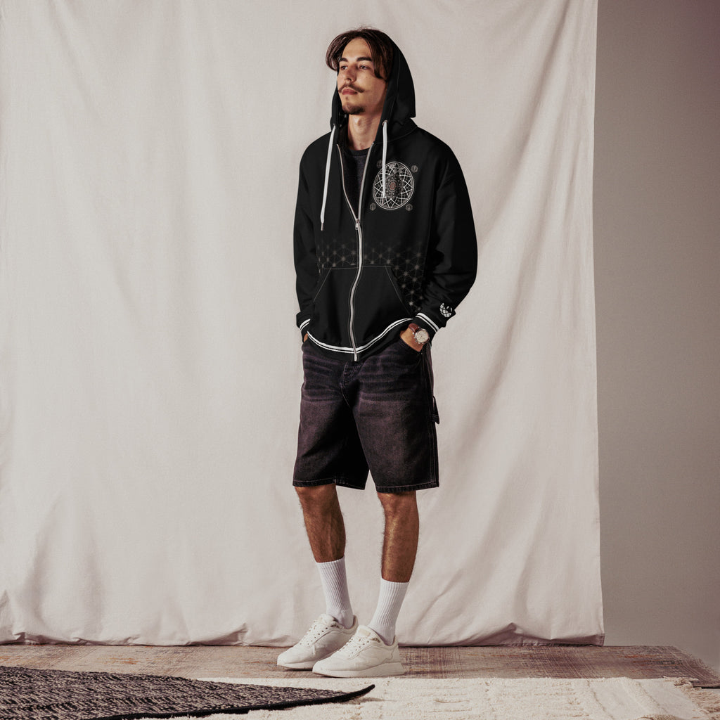 Mystic One unisex zip hoodie with black and white sacred geometry, Flower of Life grid, and intricate mandala centerpiece