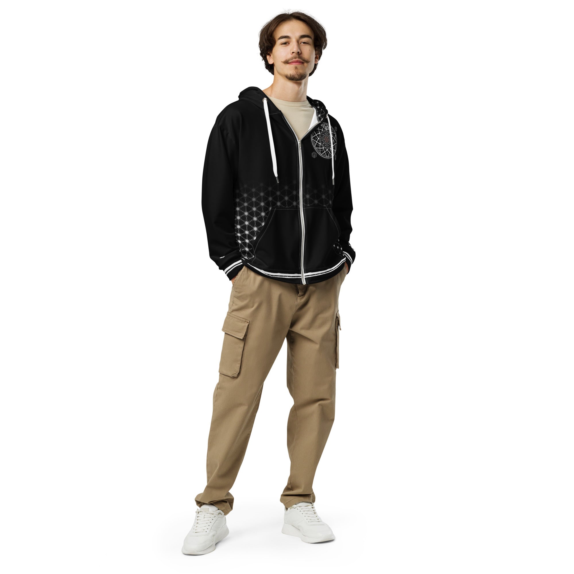 Mystic One unisex zip hoodie with black and white sacred geometry, Flower of Life grid, and intricate mandala centerpiece
