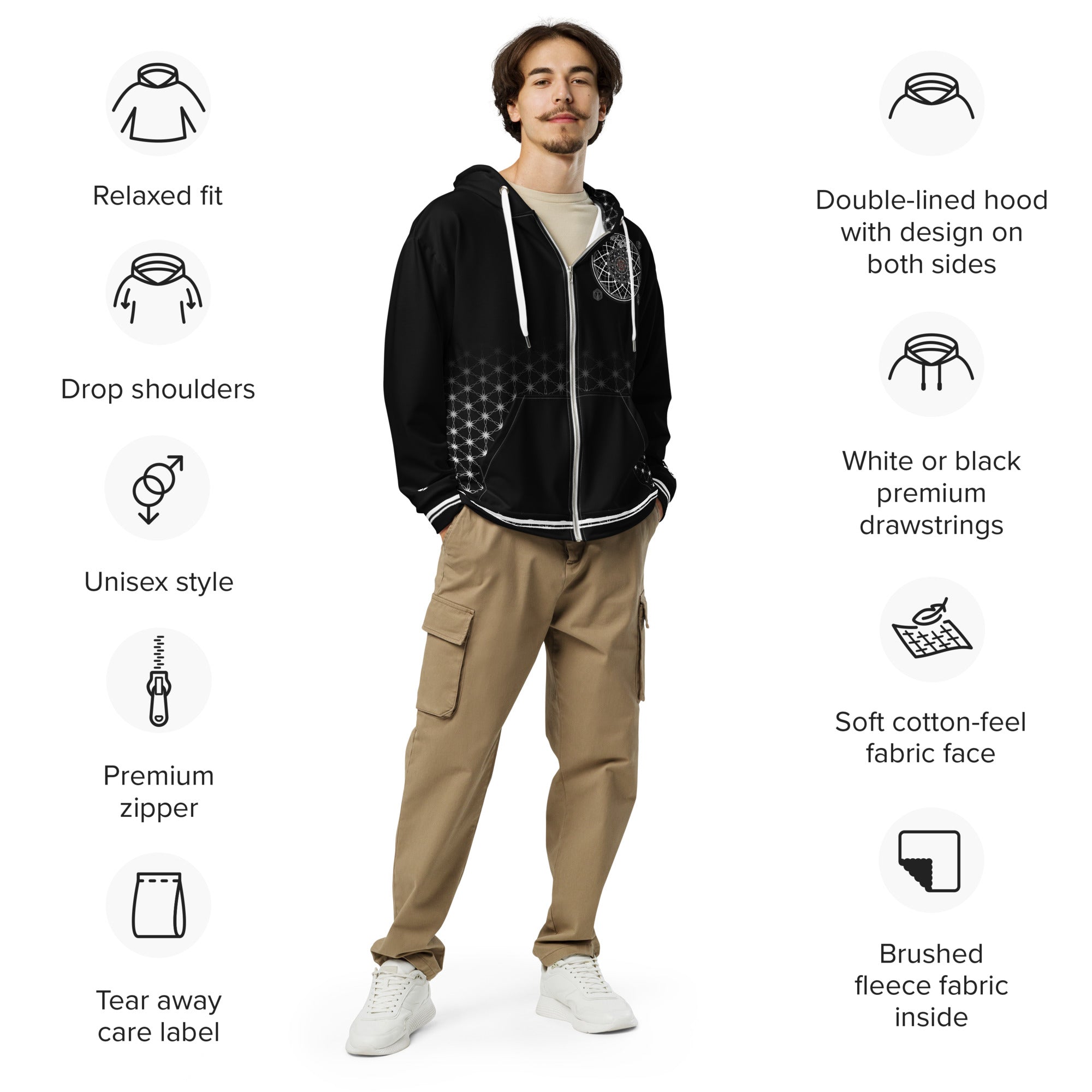 Mystic One unisex zip hoodie with black and white sacred geometry, Flower of Life grid, and intricate mandala centerpiece
