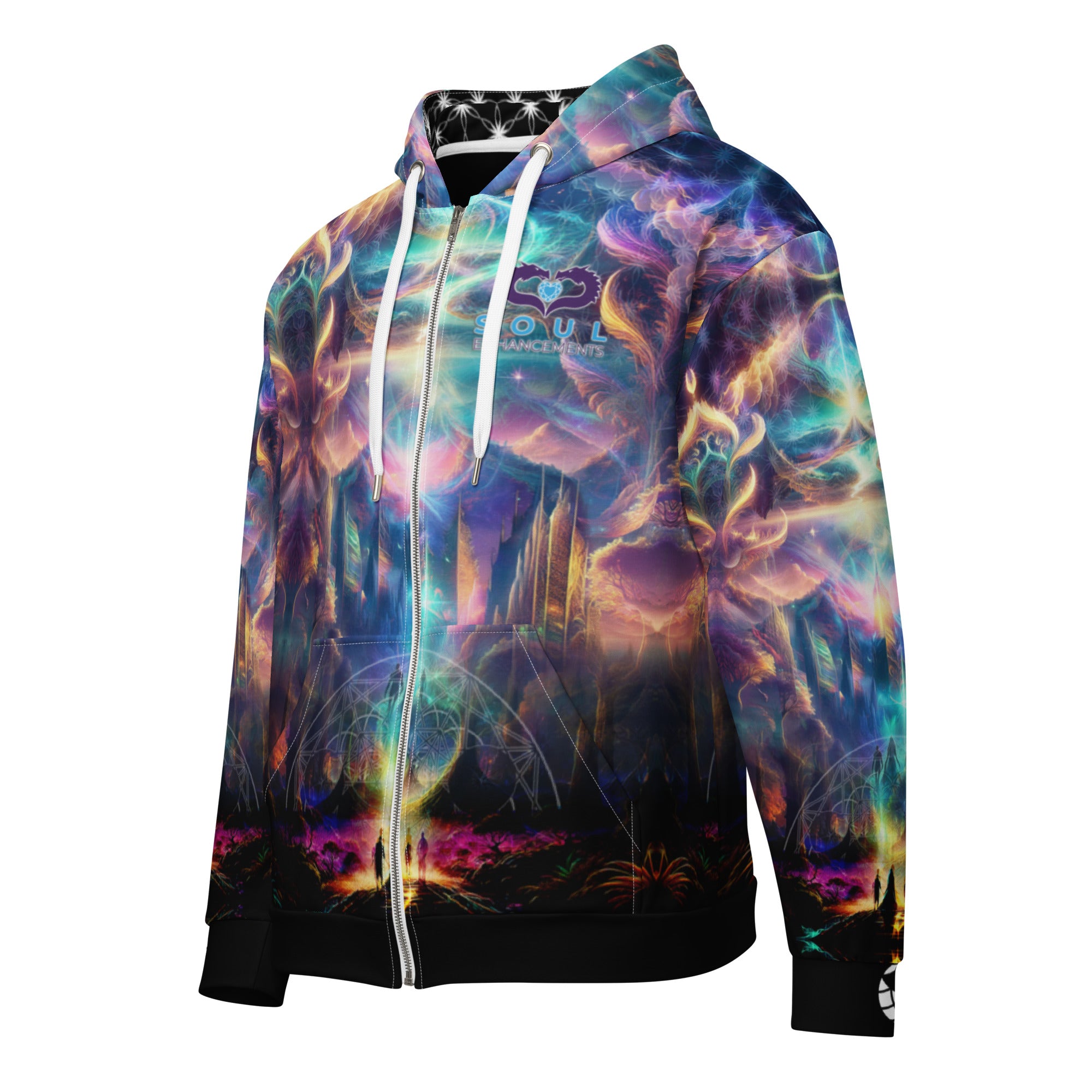 Soul Enhancements 3D/5D unisex zip hoodie featuring vibrant visionary art, Flower of Life hood lining, and collaborative logo branding.