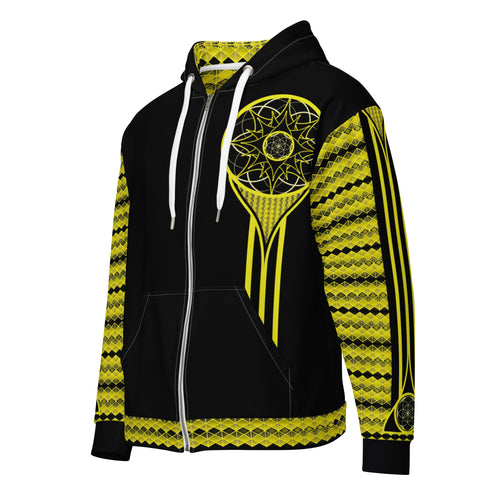 NTM Solaris Prime sacred geometry zip hoodie with gold mandala design, black recycled performance fabric, and unisex fit
