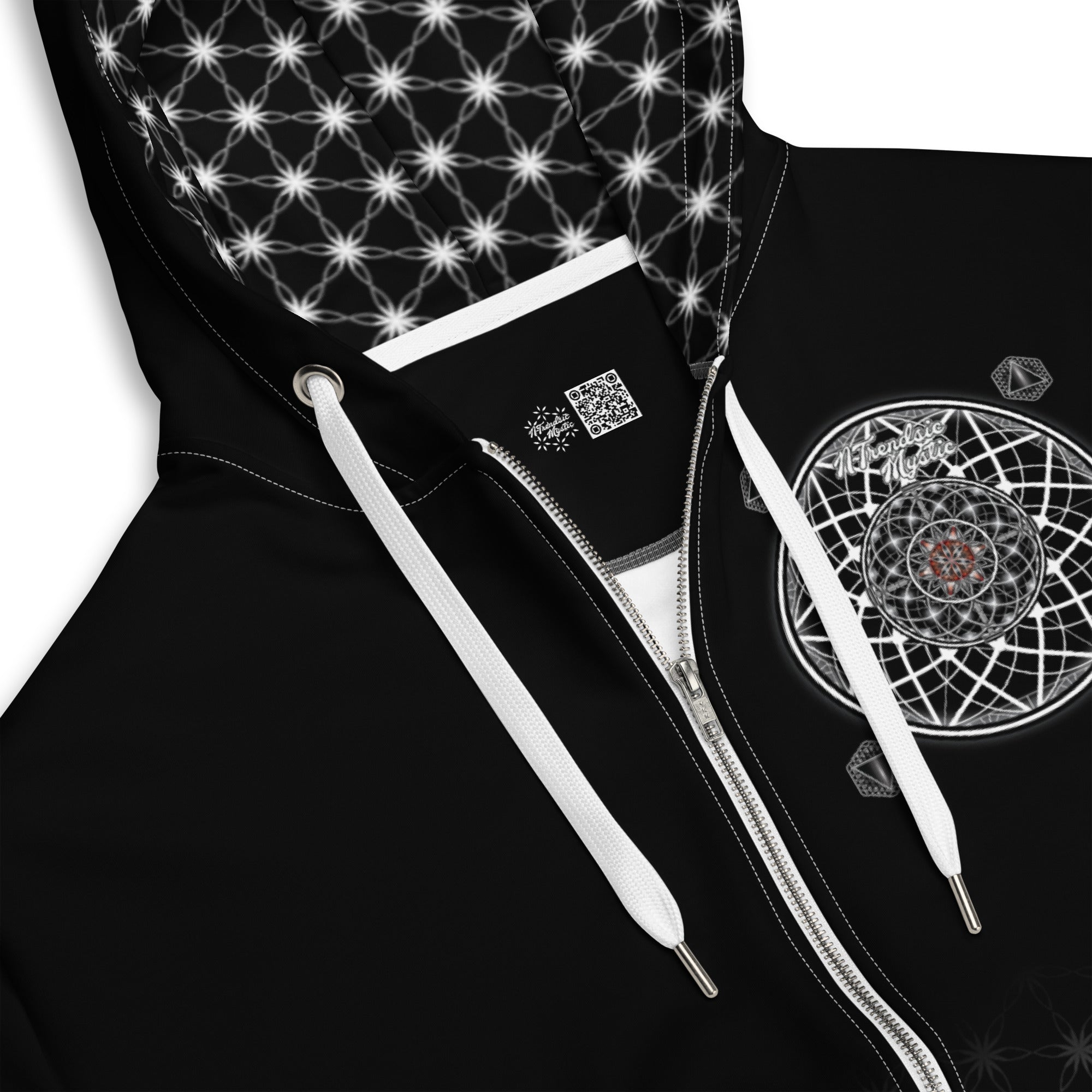 Mystic One unisex zip hoodie with black and white sacred geometry, Flower of Life grid, and intricate mandala centerpiece