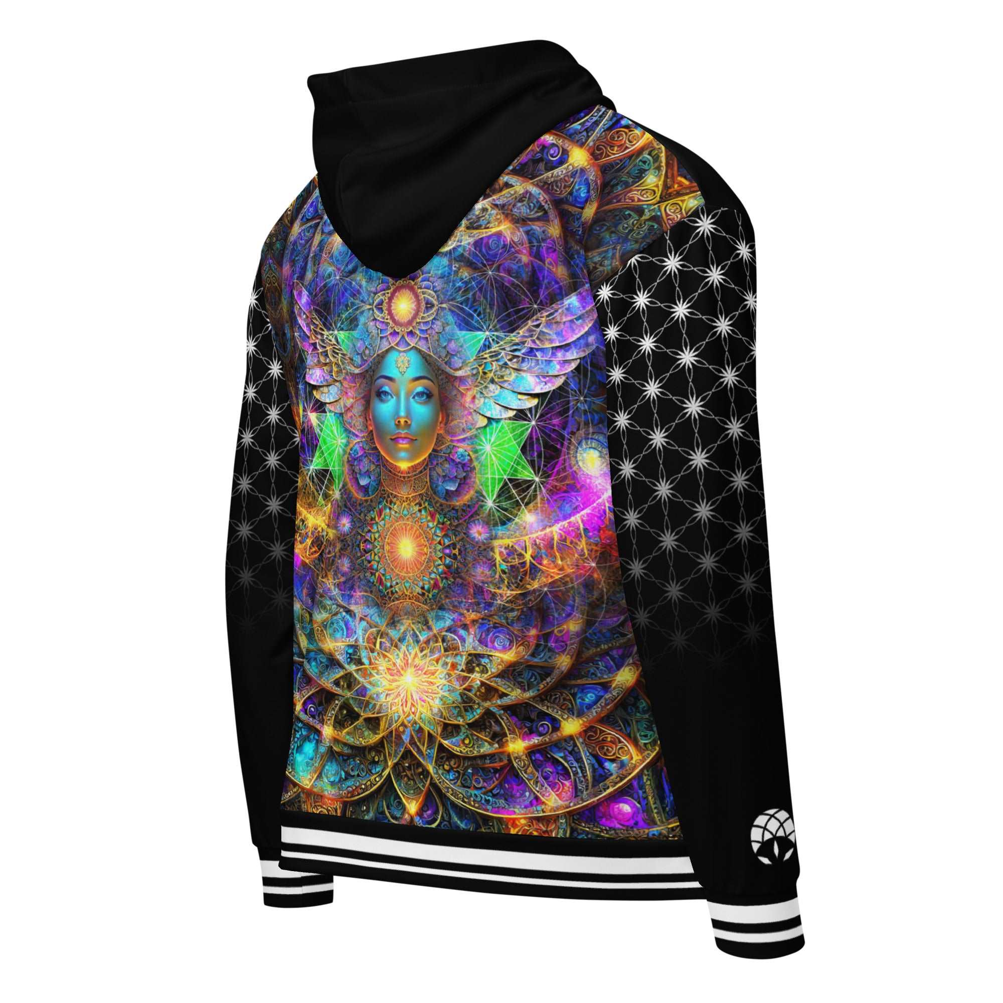Healing Wellness Deity unisex zip hoodie — sacred geometry and celestial figure in vibrant cosmic colors