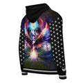 Unisex zip hoodie with cosmic phoenix and sacred geometry design, vivid colors on back, Flower of Life pattern on sleeves, exclusive NTrendSic Mystic piece.