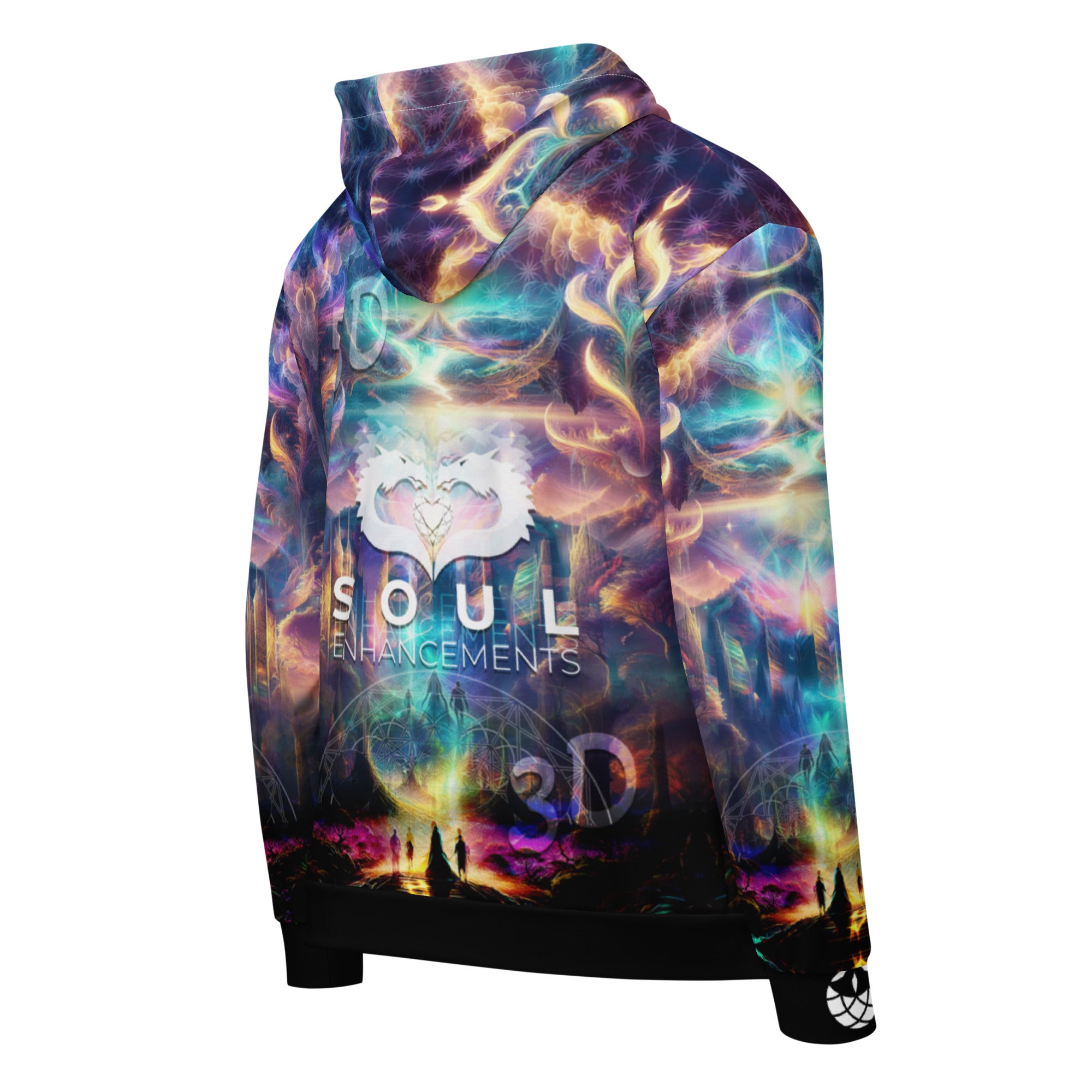 Soul Enhancements 3D/5D unisex zip hoodie featuring vibrant visionary art, Flower of Life hood lining, and collaborative logo branding.