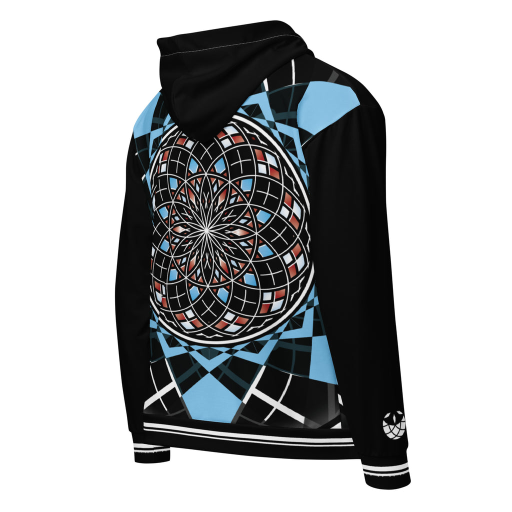 Quantum Bloom unisex zip hoodie — black, blue, and crimson sacred geometry mandala with Flower of Life hood lining