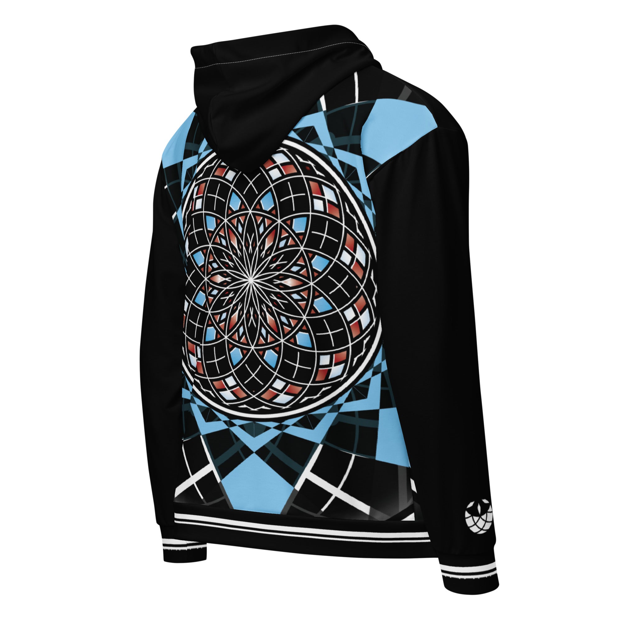 Quantum Bloom unisex zip hoodie — black, blue, and crimson sacred geometry mandala with Flower of Life hood lining