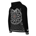 Mystic One unisex zip hoodie with black and white sacred geometry, Flower of Life grid, and intricate mandala centerpiece
