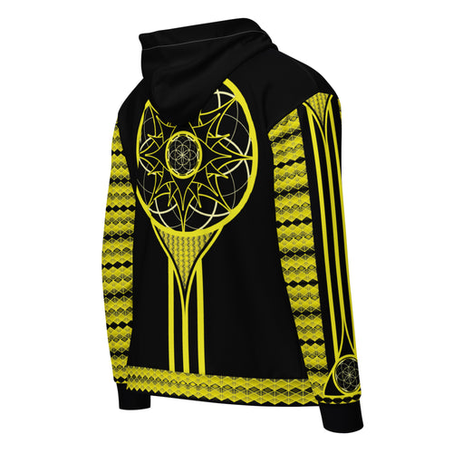 NTM Solaris Prime sacred geometry zip hoodie with gold mandala design, black recycled performance fabric, and unisex fit