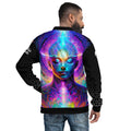 Mystic Contemplation bomber jacket — luminous awakened figure back art, sacred geometry chest sigil (front and back views)