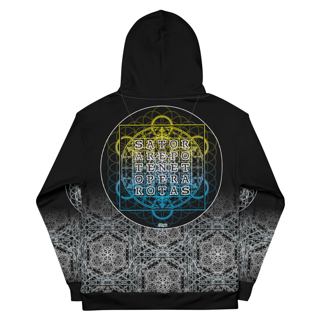 SATOR Cipher unisex cotton all over print hoodie with sacred geometry design, front and back view