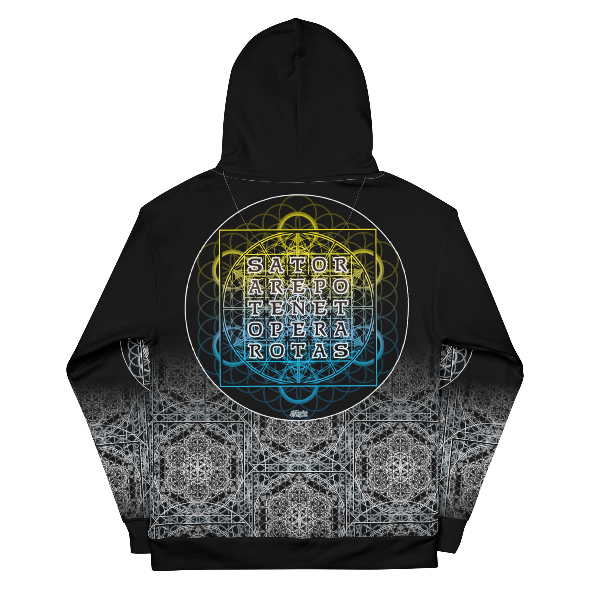 SATOR Cipher unisex cotton all over print hoodie with sacred geometry design, front and back view