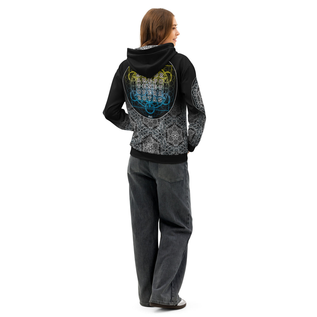 SATOR Cipher unisex cotton all over print hoodie with sacred geometry design, front and back view