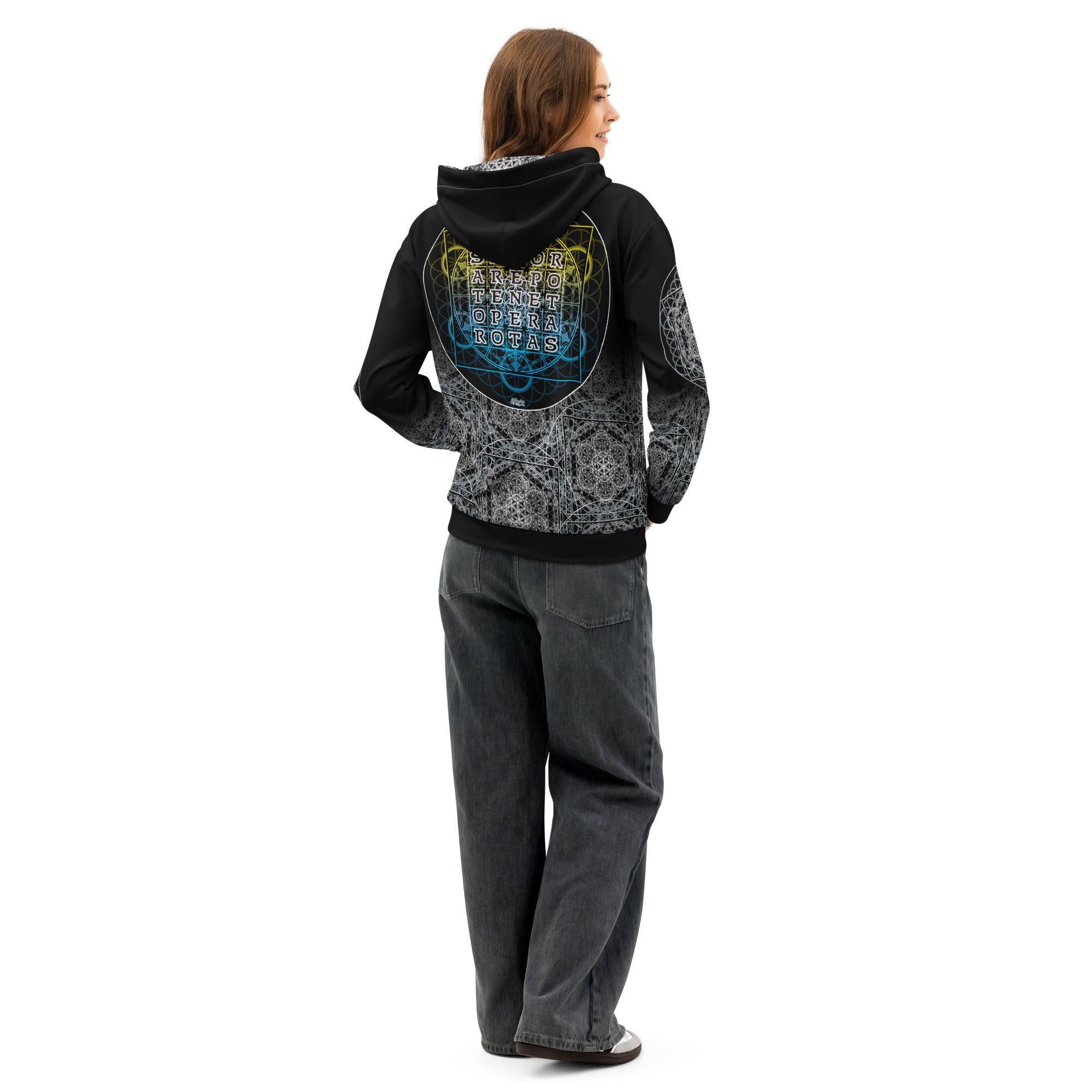 SATOR Cipher unisex cotton all over print hoodie with sacred geometry design, front and back view
