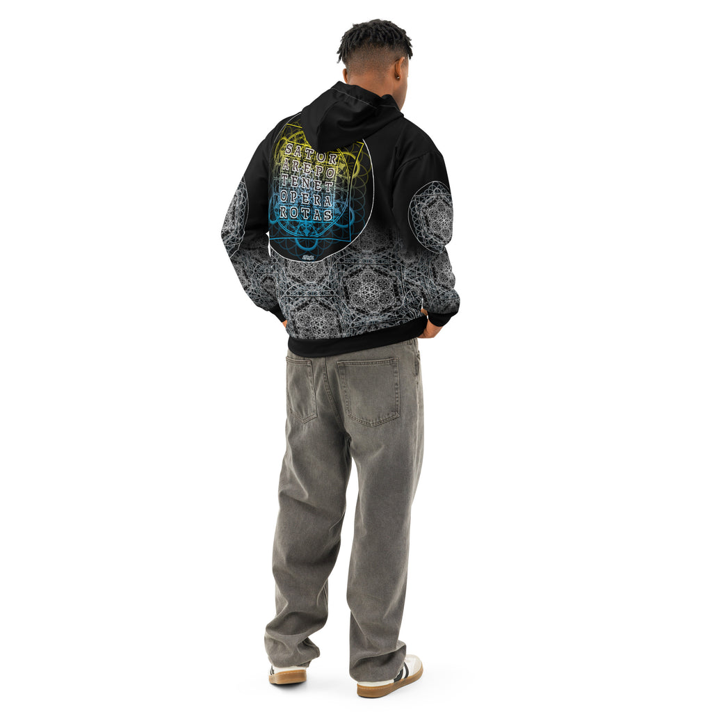 SATOR Cipher unisex cotton all over print hoodie with sacred geometry design, front and back view