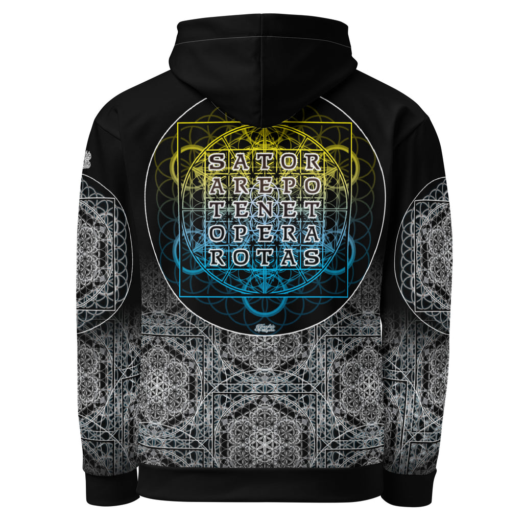 SATOR Cipher unisex cotton all over print hoodie with sacred geometry design, front and back view