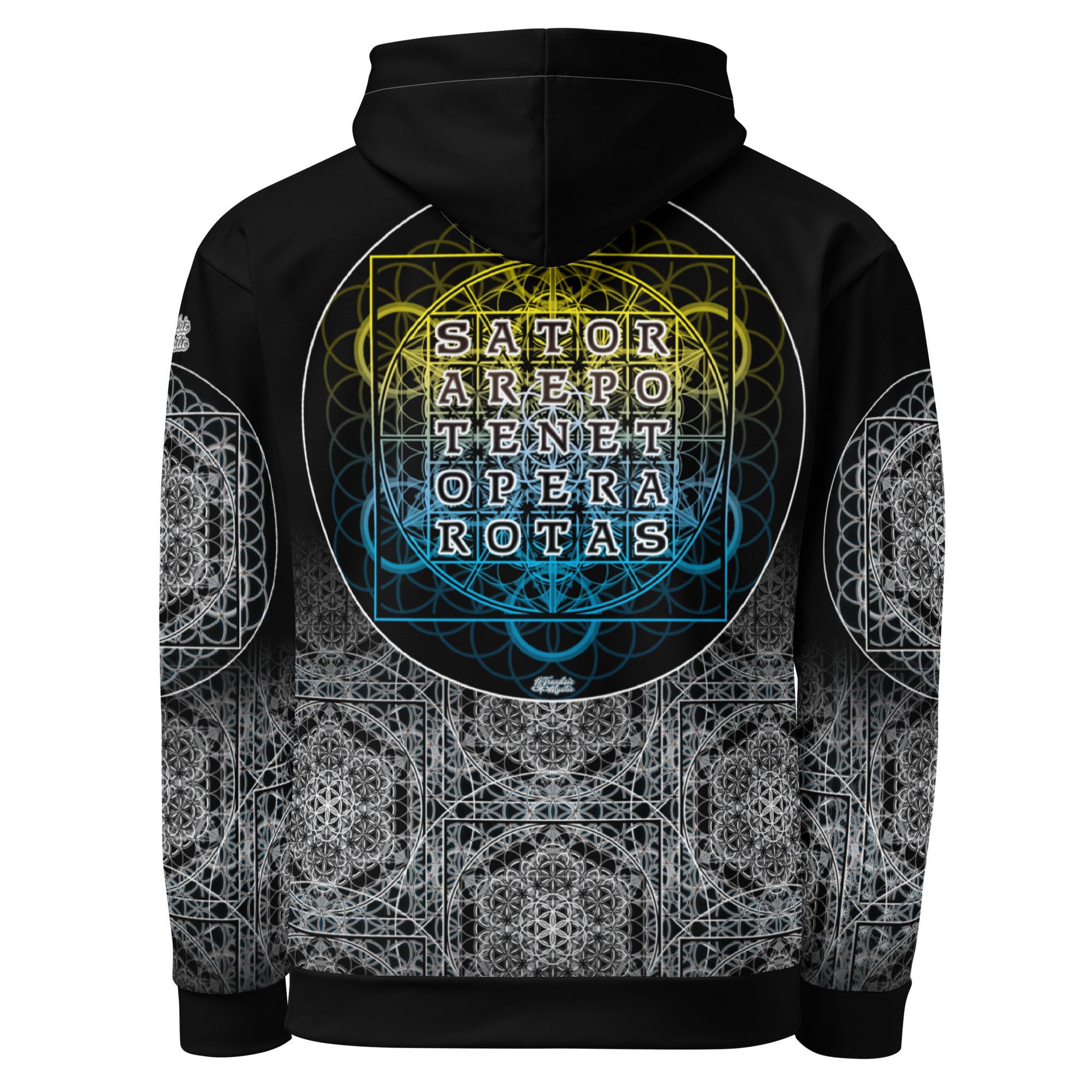 SATOR Cipher unisex cotton all over print hoodie with sacred geometry design, front and back view