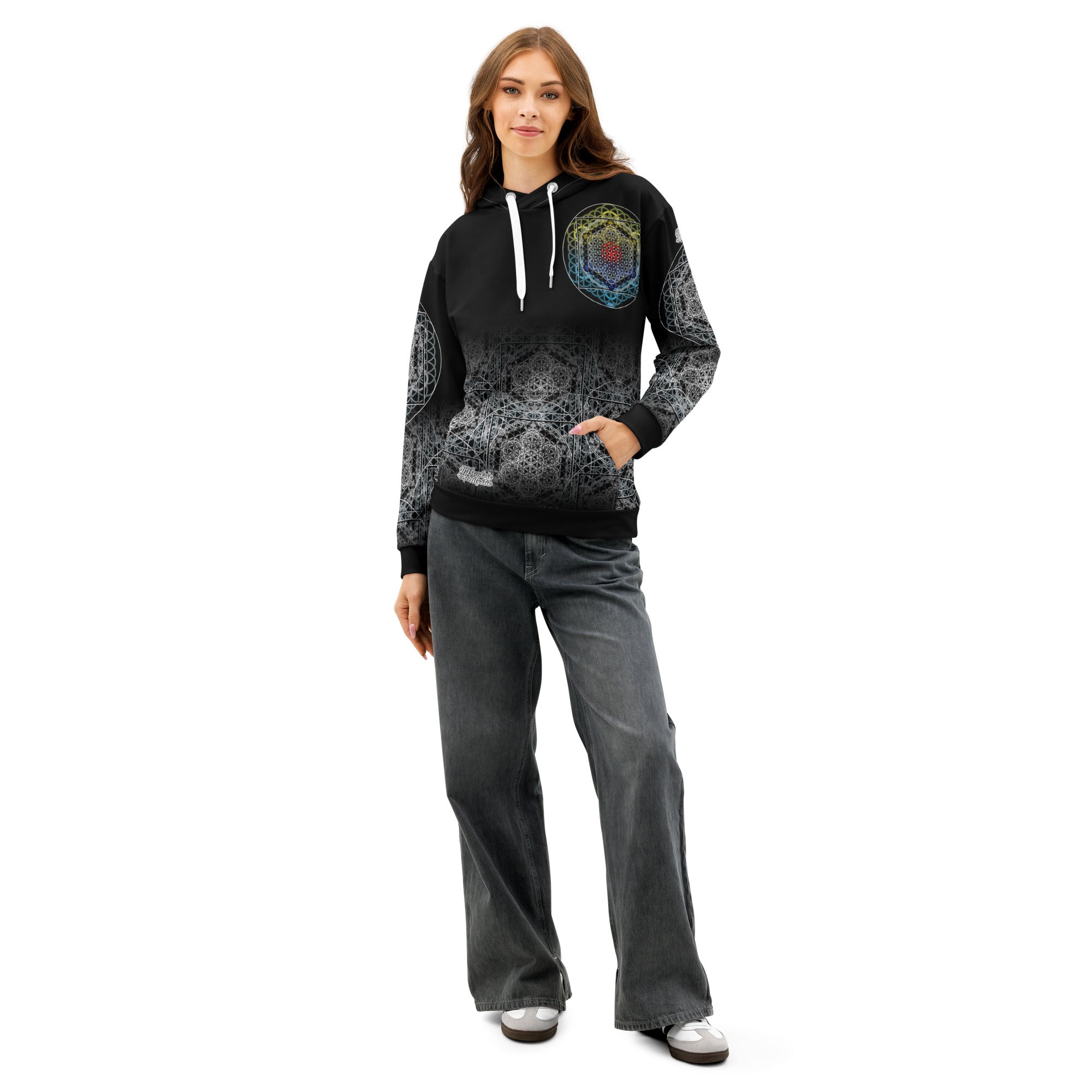 SATOR Cipher unisex cotton all over print hoodie with sacred geometry design, front and back view