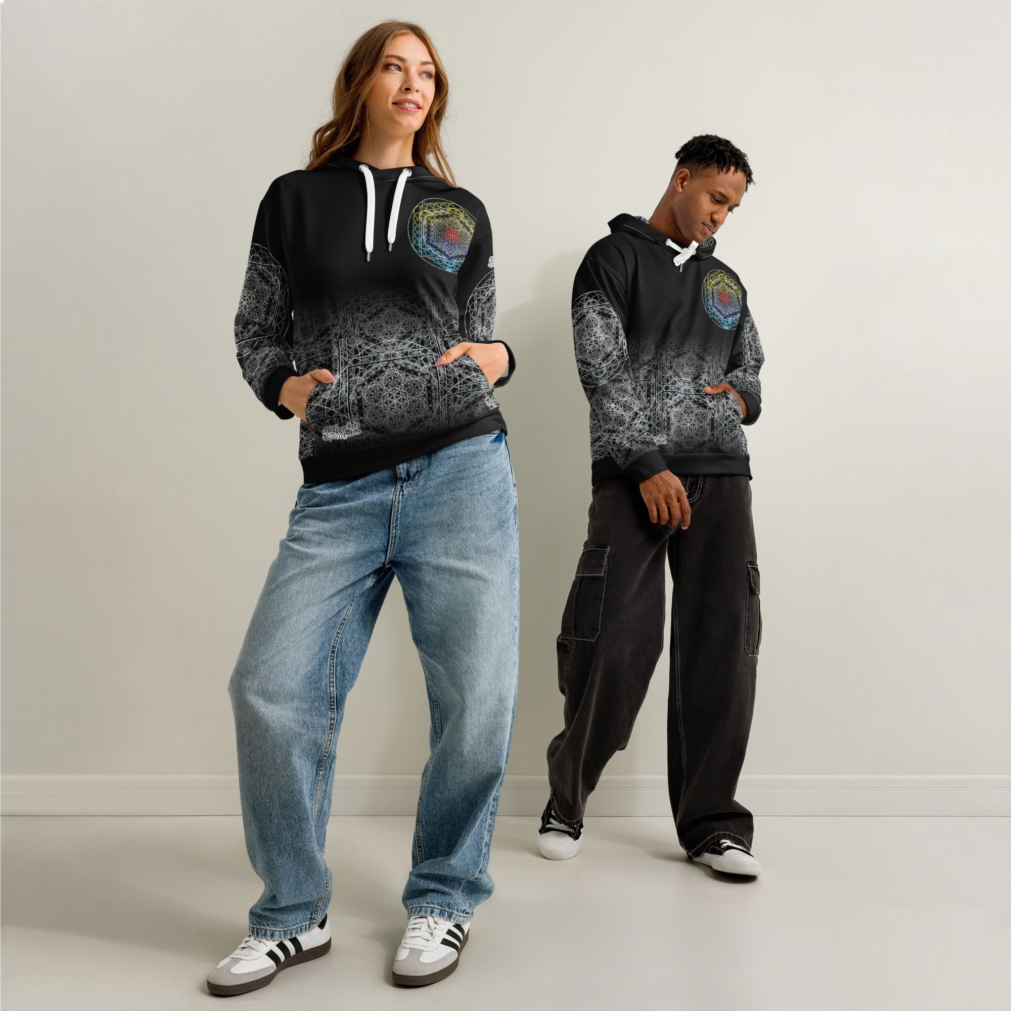 SATOR Cipher unisex cotton all over print hoodie with sacred geometry design, front and back view