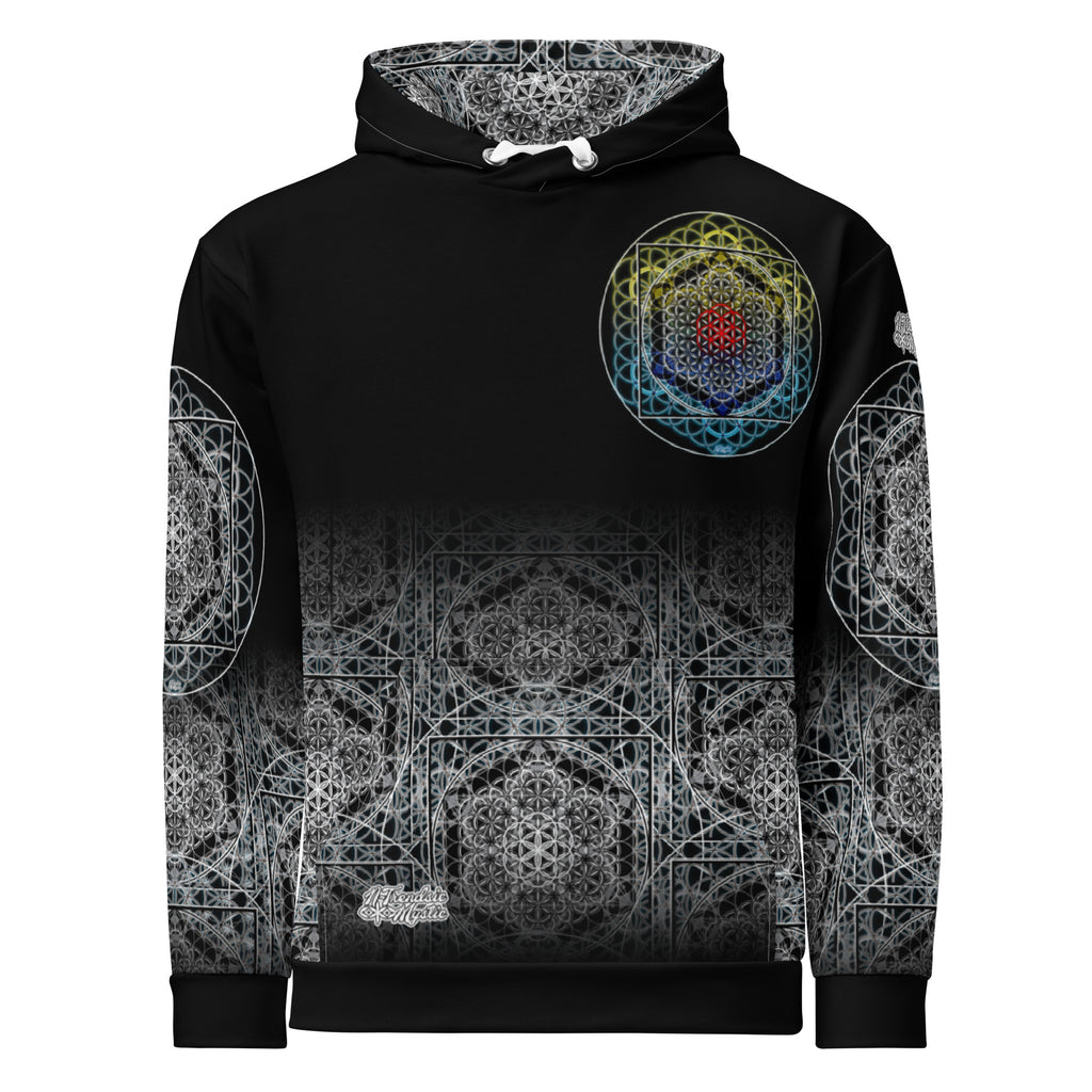 SATOR Cipher unisex cotton all over print hoodie with sacred geometry design, front and back view