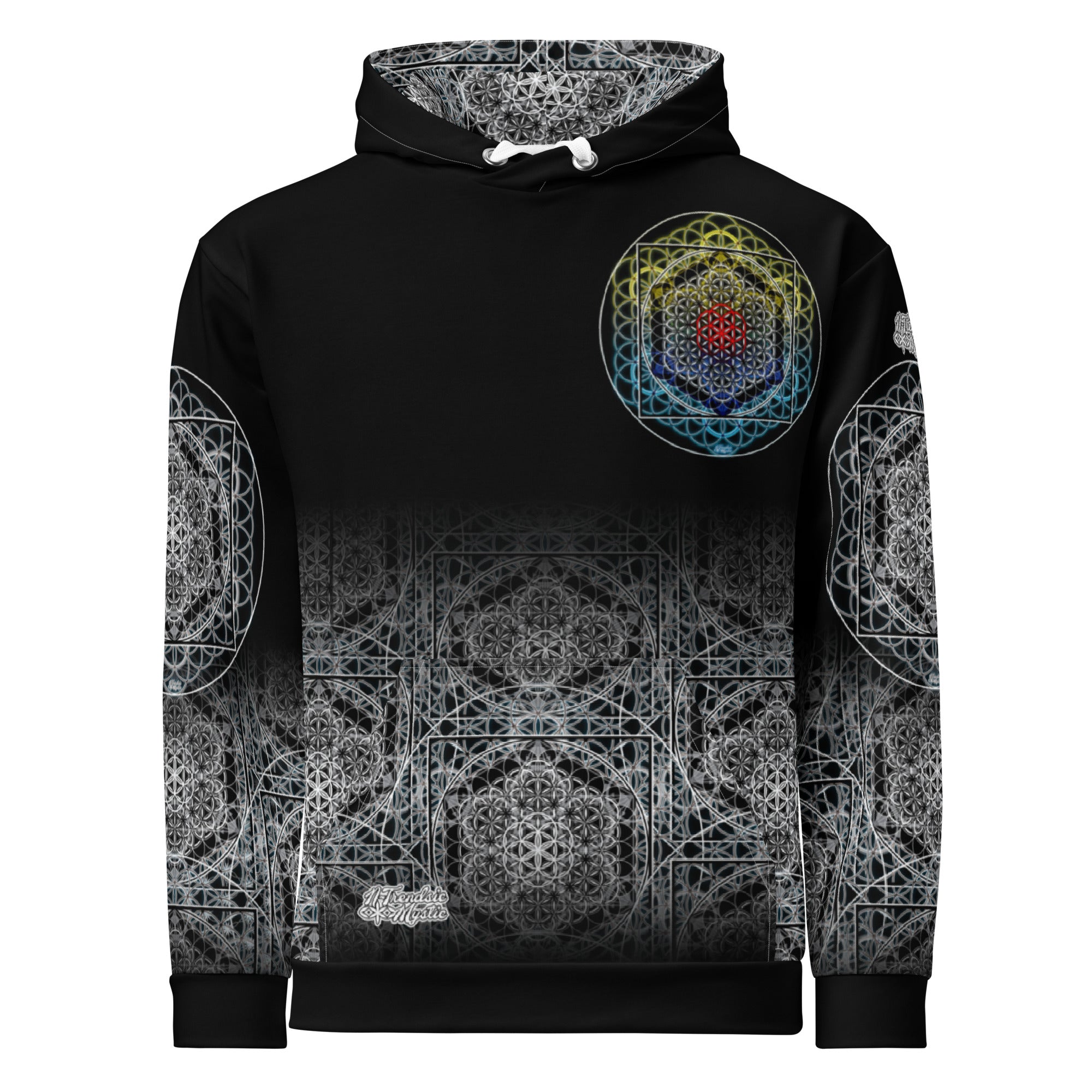 SATOR Cipher unisex cotton all over print hoodie with sacred geometry design, front and back view