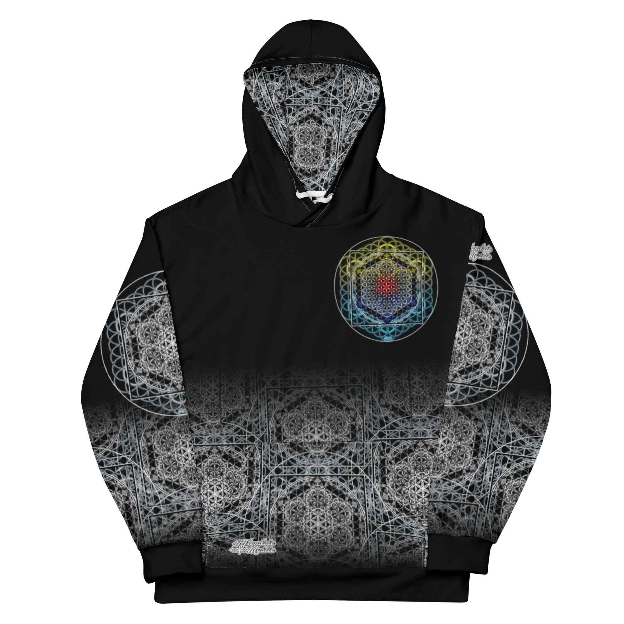 Keystone Matrix Hoodie featuring sacred geometry, mandala detailing, and a central Keystone sigil in full all-over print. Product mockup