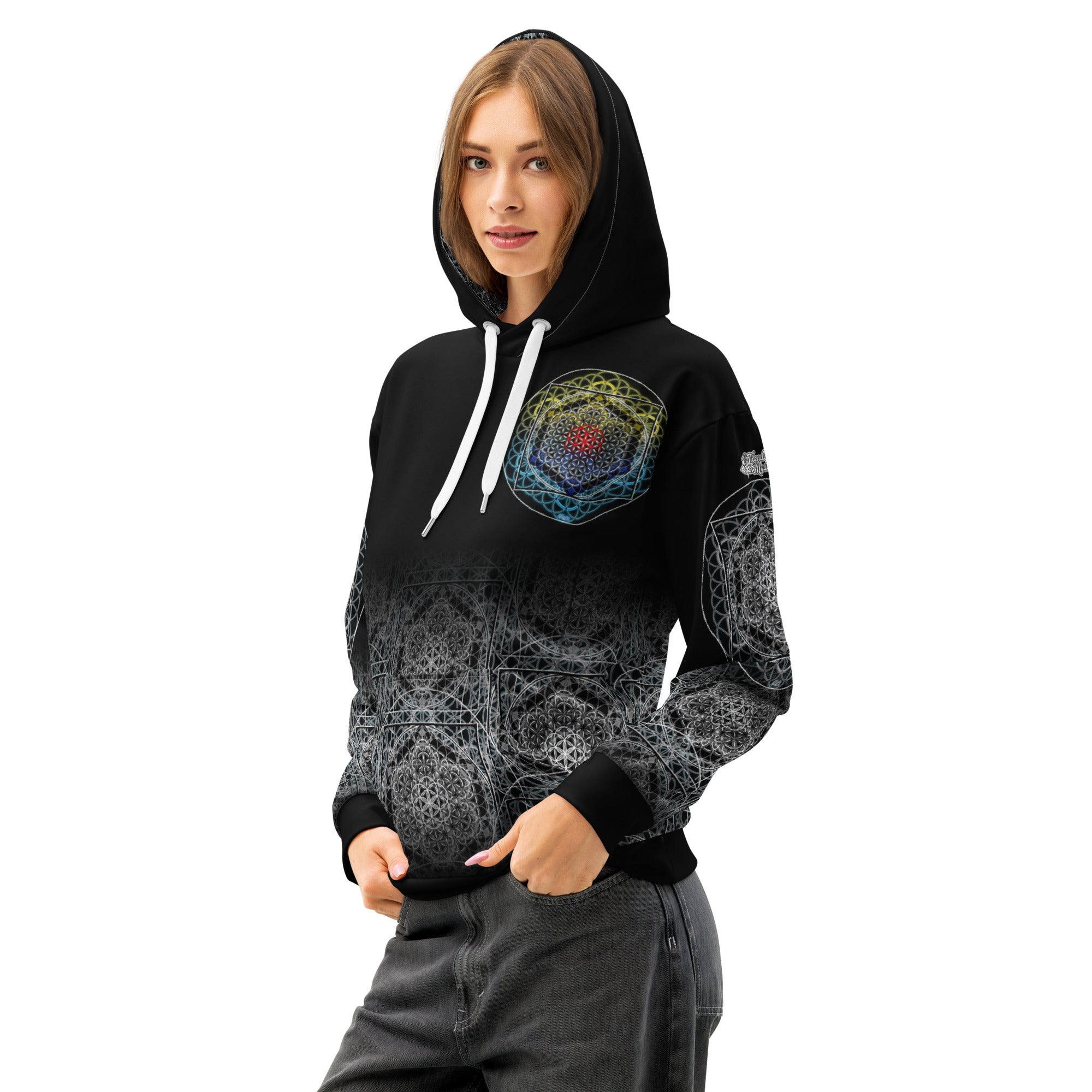 SATOR Cipher unisex cotton all over print hoodie with sacred geometry design, front and back view