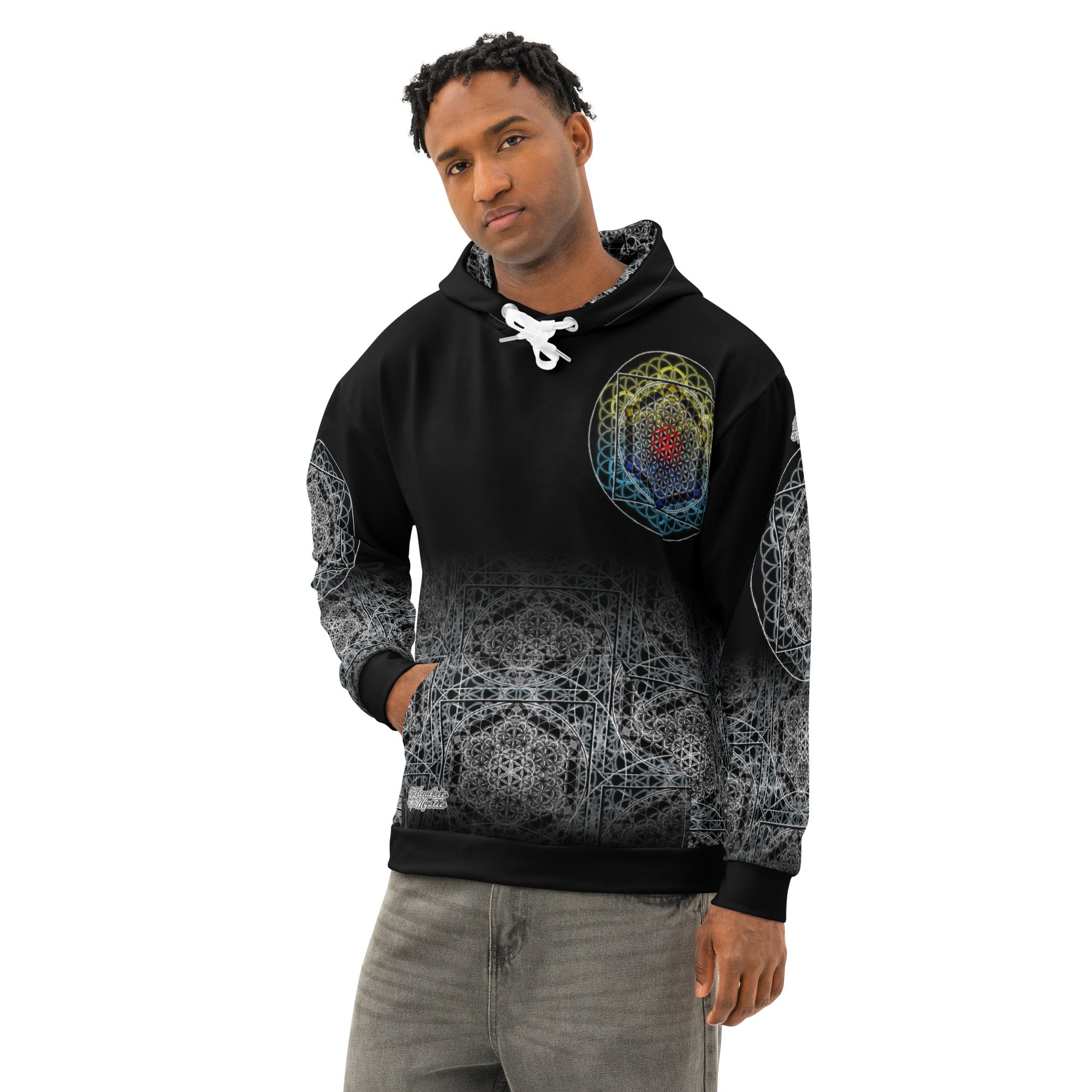 SATOR Cipher unisex cotton all over print hoodie with sacred geometry design, front and back view