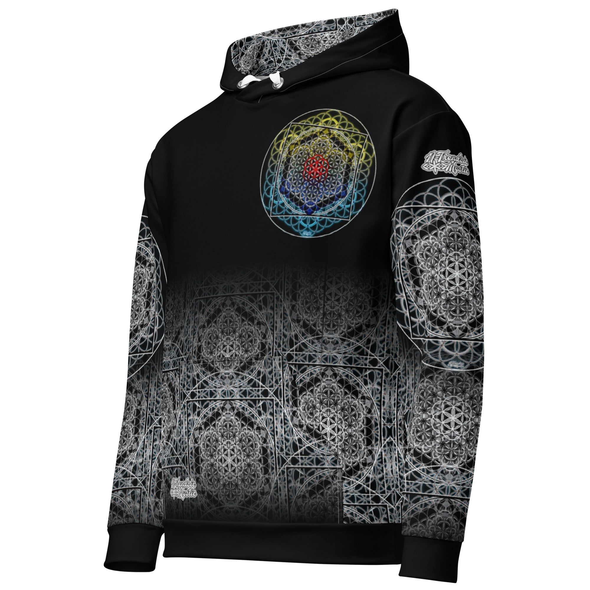 SATOR Cipher unisex cotton all over print hoodie with sacred geometry design, front and back view