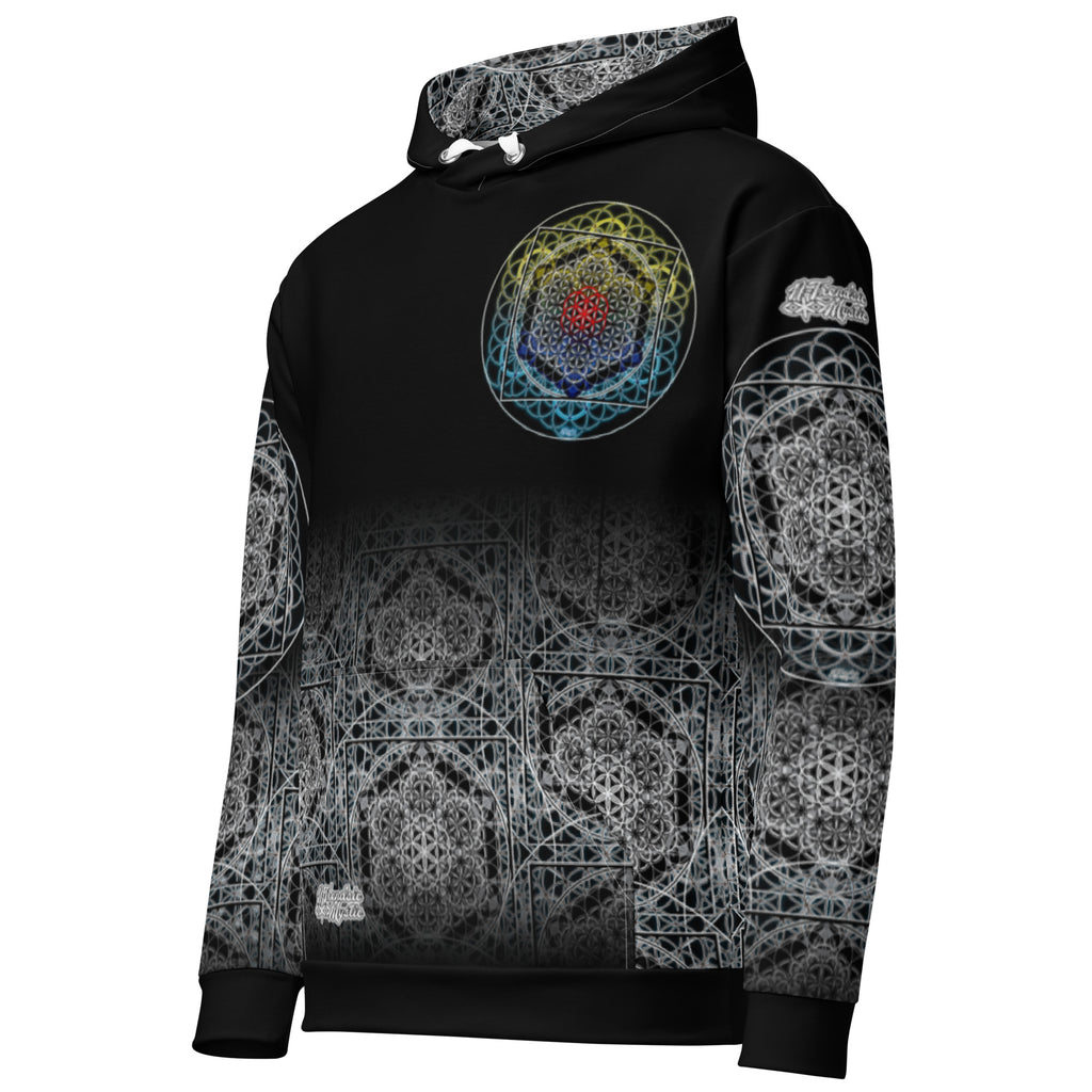 Keystone Matrix Hoodie featuring sacred geometry, mandala detailing, and a central Keystone sigil in full all-over print. Product mockup
