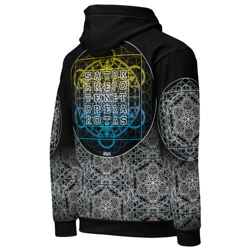 SATOR Cipher unisex cotton all over print hoodie with sacred geometry design, front and back view