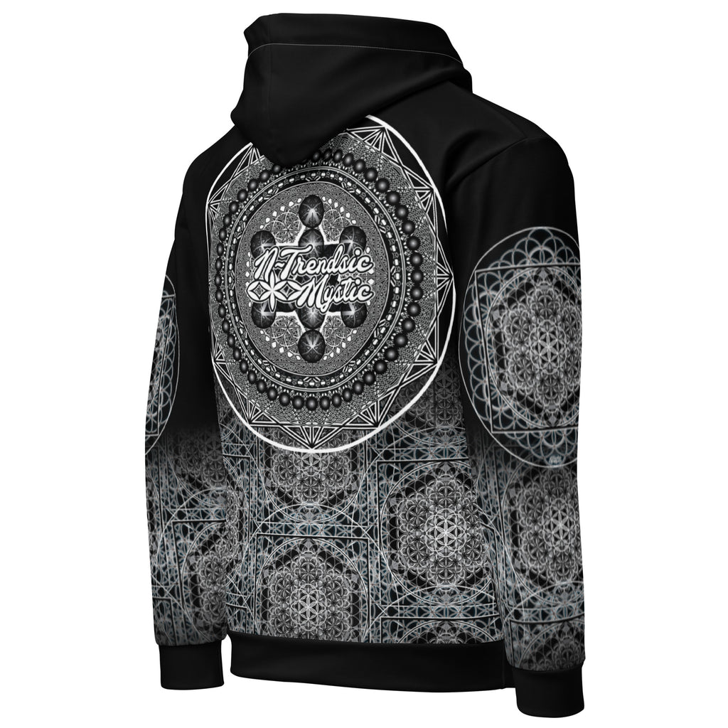 Keystone Matrix Hoodie featuring sacred geometry, mandala detailing, and a central Keystone sigil in full all-over print. Product mockup