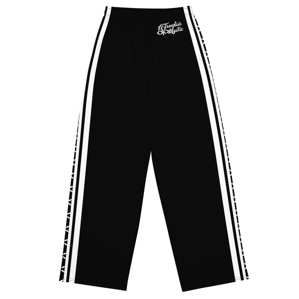 Mystic Stripes unisex wide-leg pants — cosmic stripe all-over print (front view)