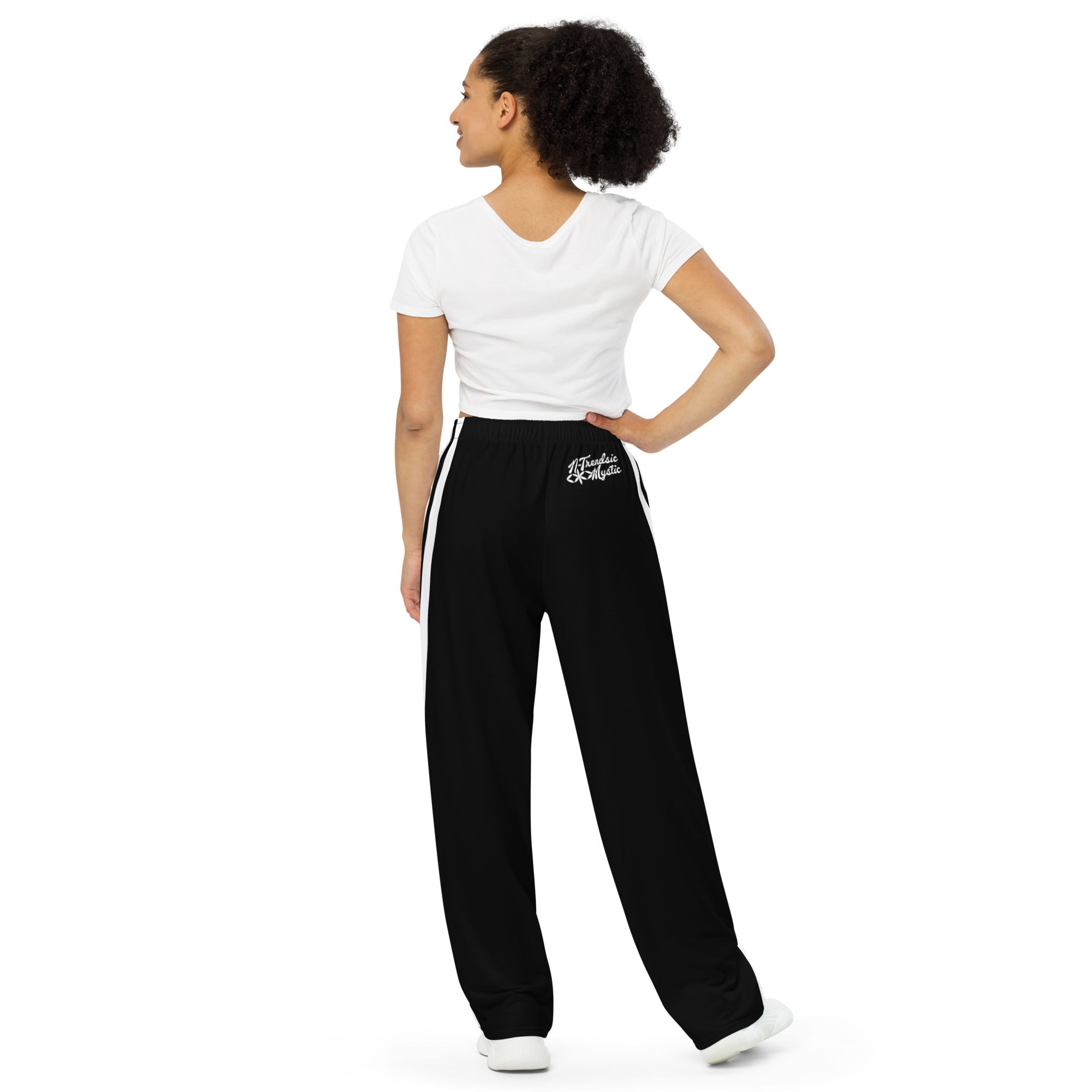 Mystic Stripes unisex wide-leg pants — cosmic stripe all-over print (back view)