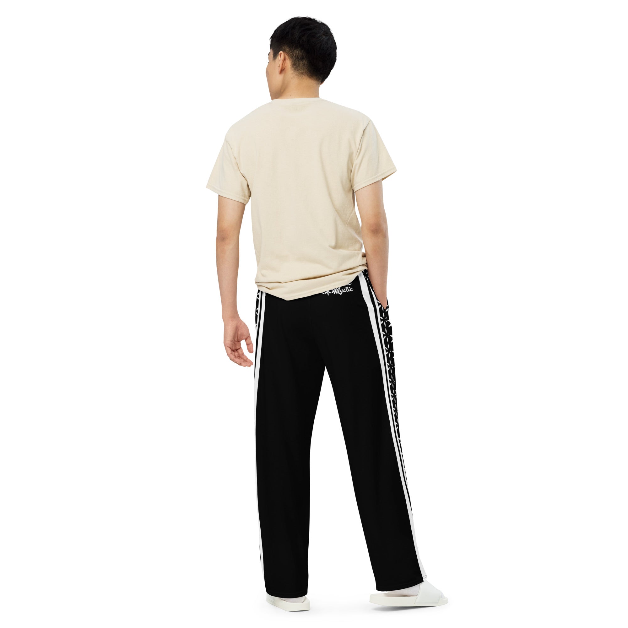 Mystic Stripes unisex wide-leg pants — cosmic stripe all-over print (back 2 view)